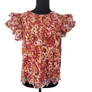 House of Harlow 1960 Sz‎ Small Cottage Prairie Boho Top Eyelet Ruffled Sleeve